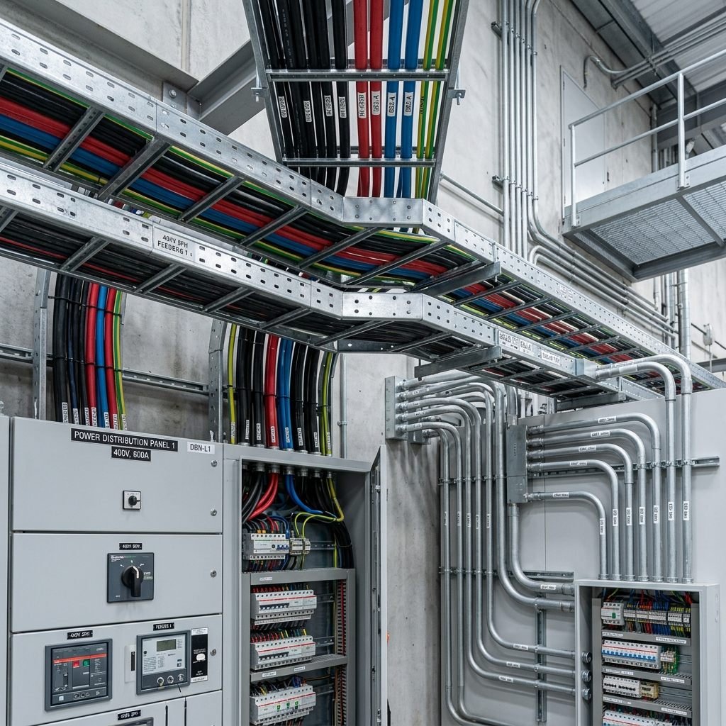 Instalación eléctrica industrial con bandeja portacable y tableros en alta definición